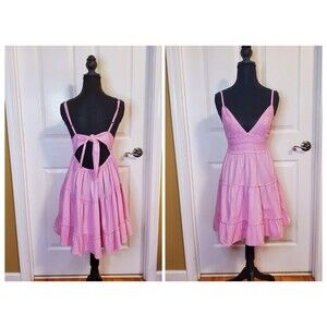 Boho Pink Crochet Tiered Mini Sundress 100% Cotton Size MEDIUM Open Tie Back